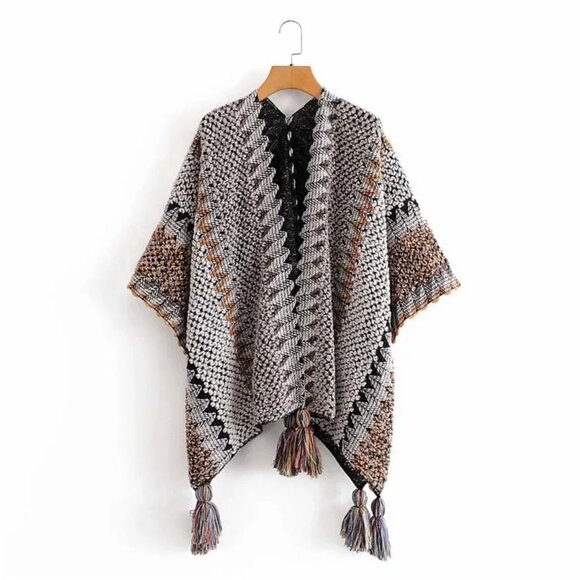 2/$40  Ethnic Striped Grey Sweater Cardigan Tassel Pullover Shawl Poncho Winter - Picture 1 of 5